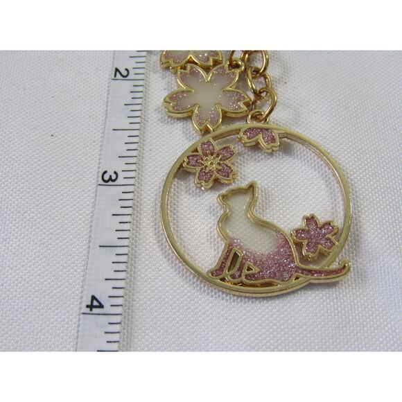 Kitty Cat Pink Floral Sparkly Key Ring/Chain Boho Artsy Flowers Gold Tone - Picture 5 of 5